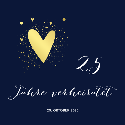 Einladung zur Silberhochzeit in Tiefblau mit Goldfolie Herzen
