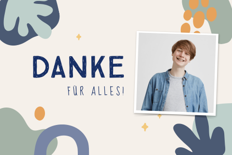 Dankeskarte zur Jugendweihe mit bunten Flecken und Foto