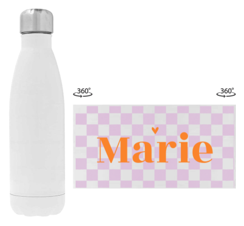 Trinkflasche aus Edelstahl mit Namen und Colorblocking in Lila und Orange 