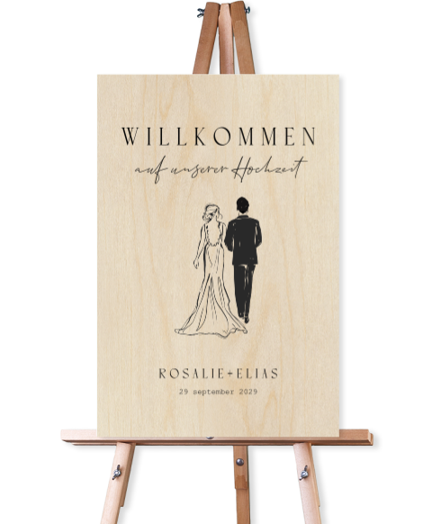 Willkommensschild Hochzeit Holz mit Tuschezeichnung