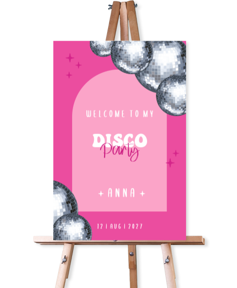 Willkommensschild zur Disco-Party in rosa