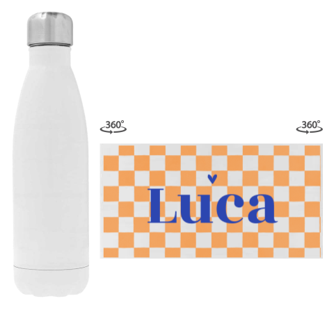 Trinkflasche aus Edelstahl mit Namen und Colorblocking-Design in Orange/Blau   