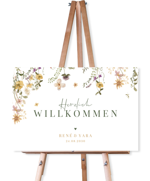 Willkommensschild Hochzeit im Sandton mit Wildblumen