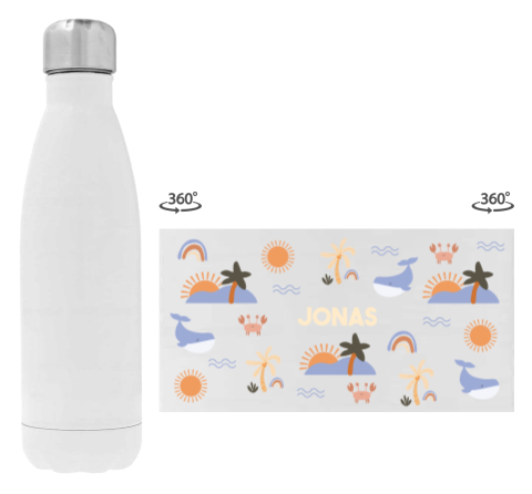 Trinkflasche aus Edelstahl mit Namen, Wal und Strand