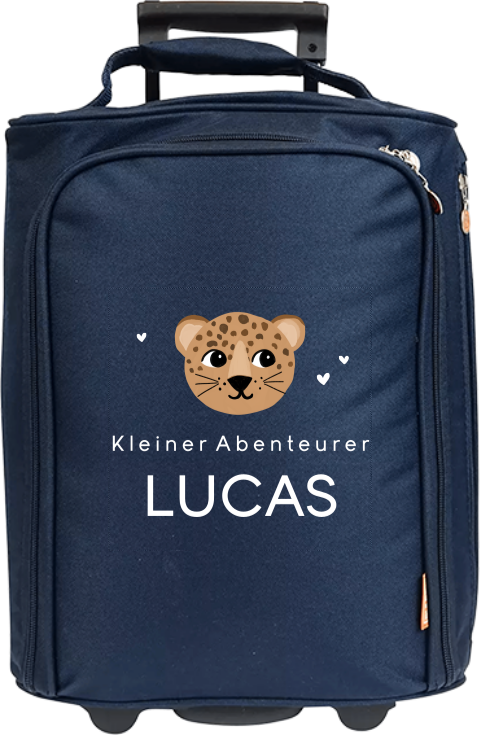 Niedlicher Kindertrolley mit Namen, Leopardenkopf und Herzchen