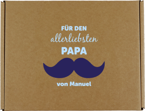 Geschenkbox zum Vatertag hellblauer Schrift illustriertem Schnurrbart