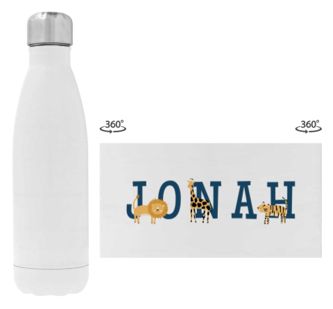 Trinkflasche aus Edelstahl mit Dschungeltieren und Namen in einer coolen Schriftart