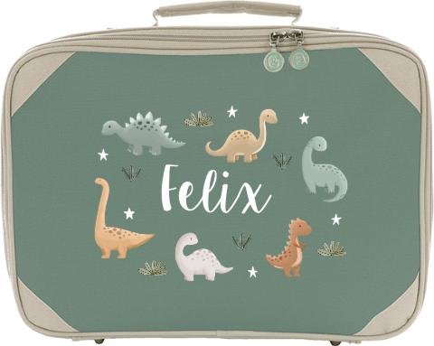 Schlichter Kinderkoffer mit vielen Dinosaurier, Sternen und Namen