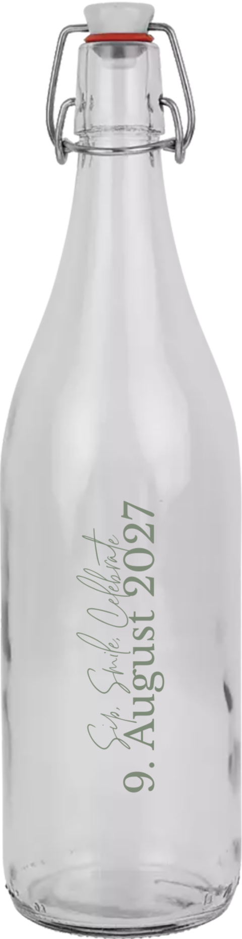 Bügelflasche mit Datum und Botschaft in eleganter Schrift