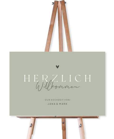 Stilvolles Willkommensschild zur Hochzeit in Salbeigrün mit Herz