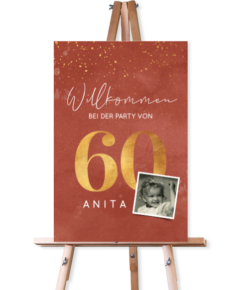 Rostbraunes Willkommensschild mit goldener 60