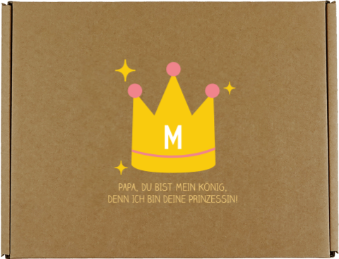 Geschenkbox zum Vatertag mit gelber Krone und Initialen