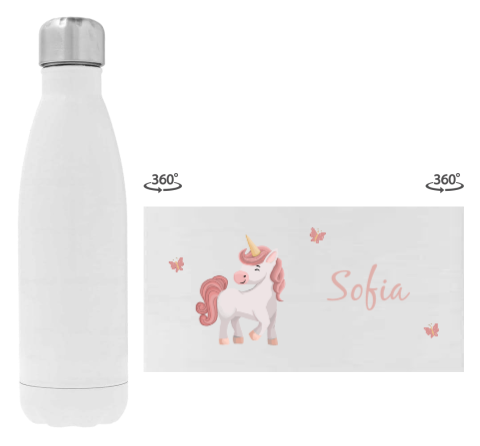Edelstahl-Trinkflasche mit niedlichem Einhorn und Schmetterlingen