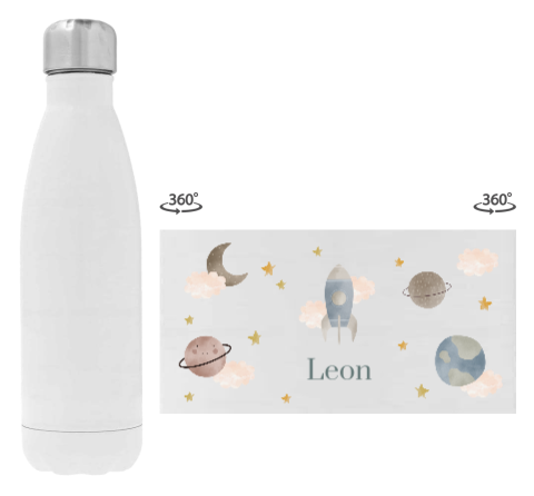 Trinkflasche aus Edelstahl mit Namen, Rakete und Planeten