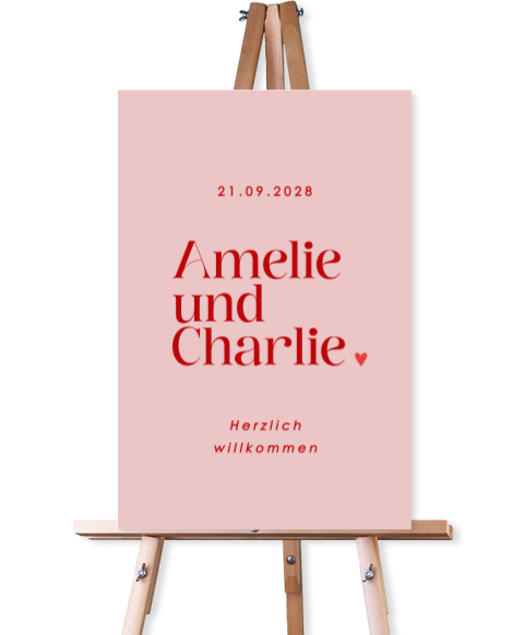 Colorblocking Willkommensschild Hochzeit in Pink mit großer, roter Schrift und Herz