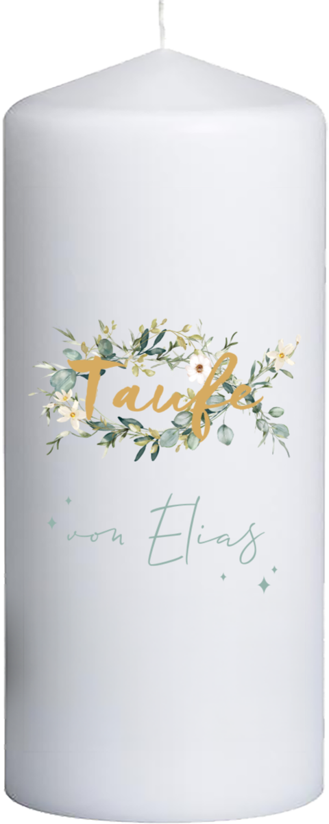 Taufkerze mit Blumenkranz und Name – 20 cm hoch, 8 cm Ø