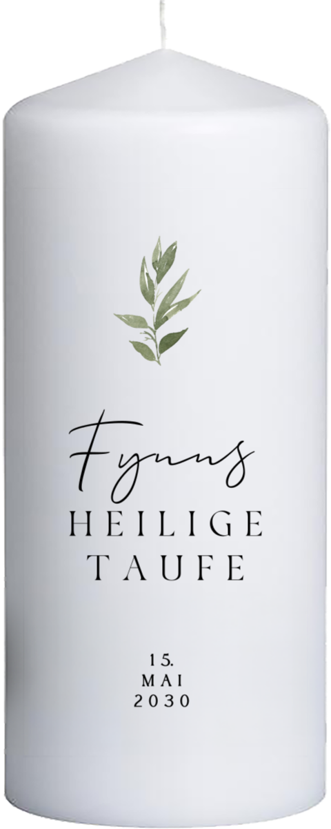 Moderne Taufkerze mit Namen und Olivenzweig 20 cm hoch, 8 cm Ø
