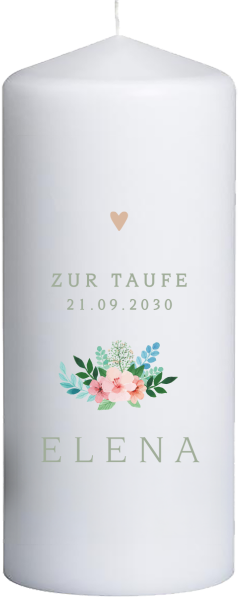 Romantische Taufkerze mit Blumenherz, 20 cm hoch, 8 cm Ø