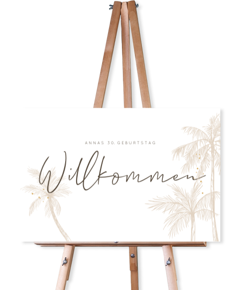 Willkommensschild zum Dreißigsten im Ibizi-Look mit Palmen
