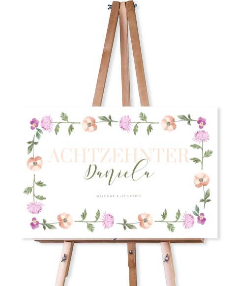 Willkommensschild zum Achtzehnten Geburtstag mit Blumenkranz