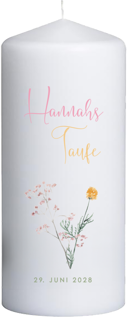  Taufkerze mit Wildblumen und Namen – 20 cm hoch, 8 cm Ø