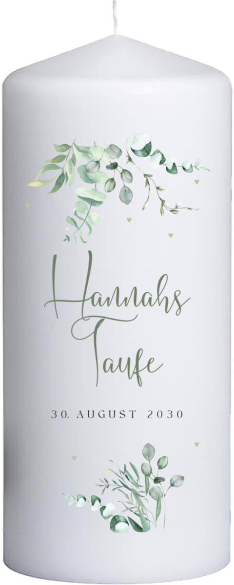 Taufkerze mit Eukalyptuszweigen, Herzen und Namen - 20 cm hoch, 8cm Ø