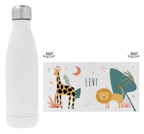 Trinkflasche aus Edelstahl mit Namen und Dschungeltieren