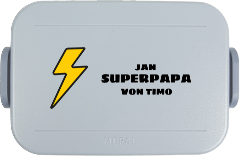 Brotdose zum Vatertag "Superpapa" in Grau mit gelbem Blitz