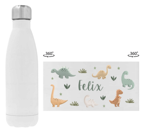 Trinkflasche aus Edelstahl mit Dinosauriern, Namen und kleinen Sternchen