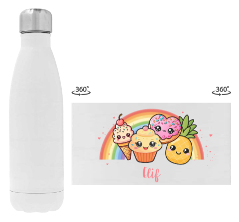 Trinkflasche aus Edelstahl mit kawaii Illustrationen, Regenbogen und Herzchen   