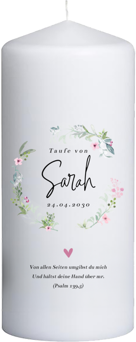Taufkerze mit Blumenkranz & Bibelvers, 20 cm hoch, 8 cm Ø