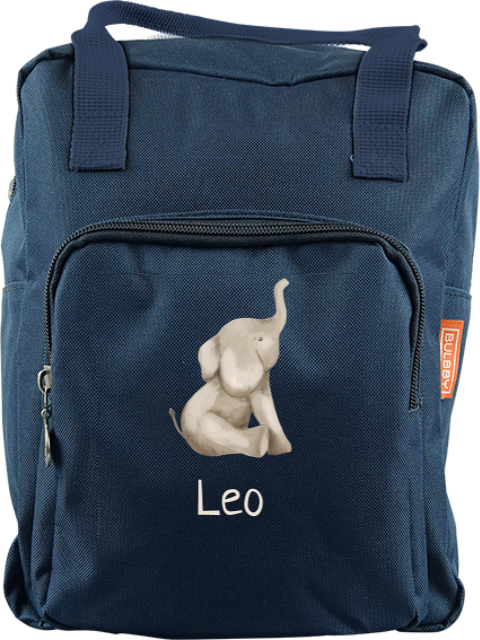 Niedliche Schultasche mit Namen und sitzendem Elefanten