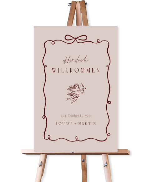 Willkommensschild Hochzeit im Rokoko-Stil mit roter Schleife 
