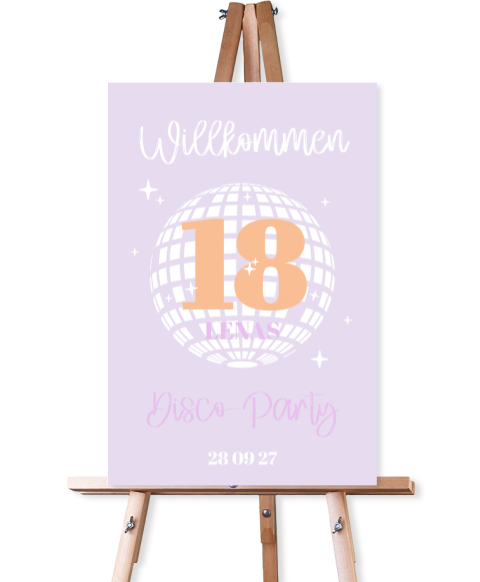 Willkommensschild Achtzehnter Geburtstag mit Discokugel in Lila