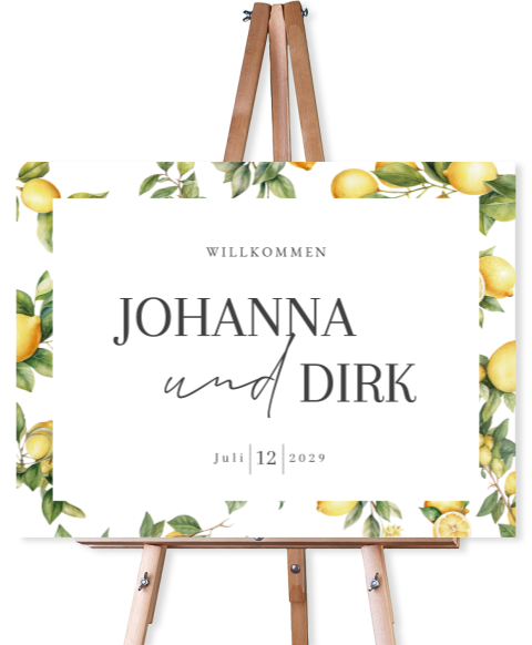 Stilvolles Willkommensschild zur Hochzeit mit Zitronen