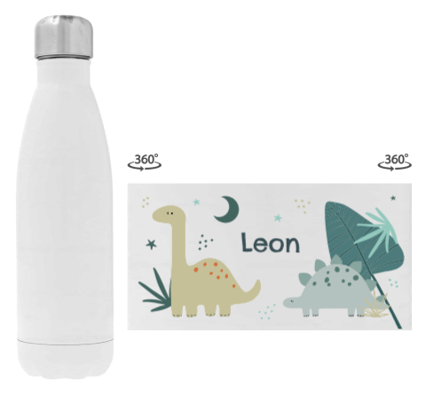 Trinkflasche aus Edelstahl mit Namen und Dinosauriern