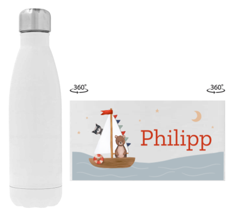 Trinkflasche aus Edelstahl mit Namen und Tieren im Segelboot