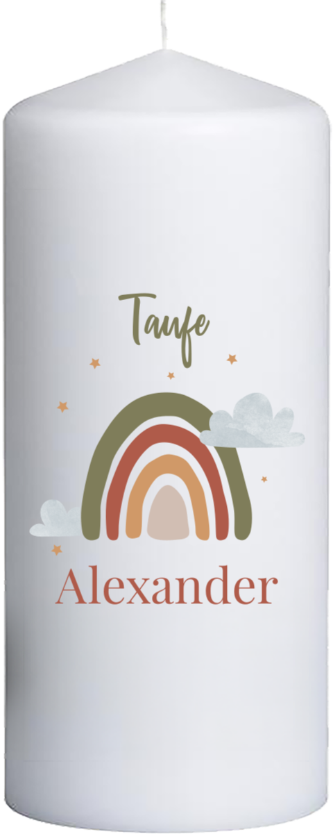 Taufkerze mit Regenbogen & Wolken – 20 cm hoch, 8 cm Ø