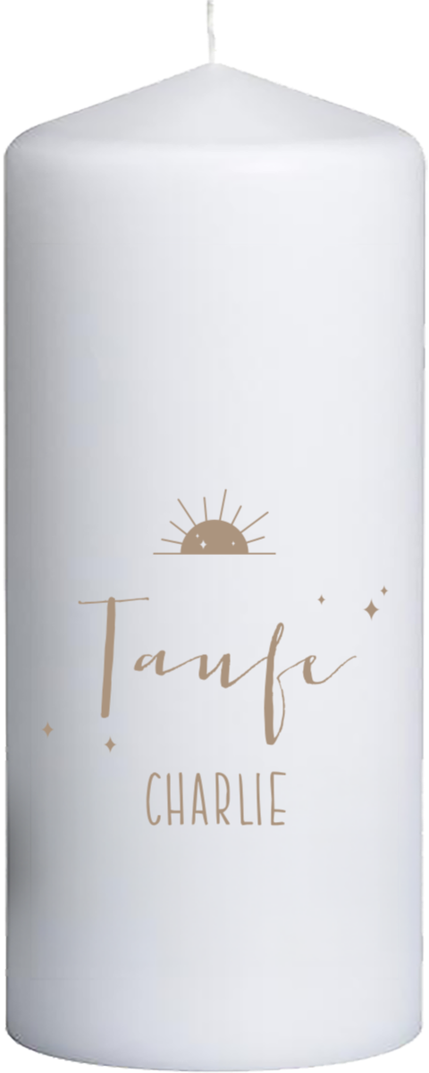 Taufkerze mit Sonnenmotiv  – 20 cm hoch, 8 cm Ø