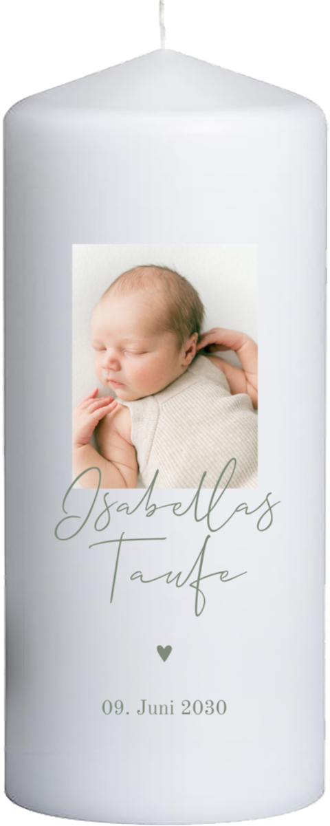 Taufkerze mit Foto und grüner Schrift - 20 cm hoch, 8 cm Ø
