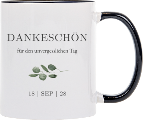 Stilvolle Tasse als Hochzeitsdanksagung mit Eukalyptuszweig