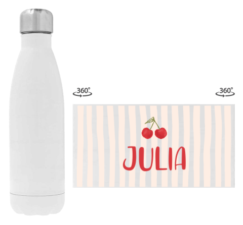 Trinkflasche aus Edelstahl mit Namen, Streifenmuster und Kirschen