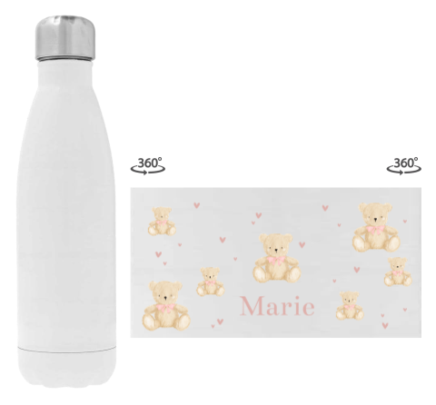 Trinkflasche aus Edelstahl mit Namen und Teddybären