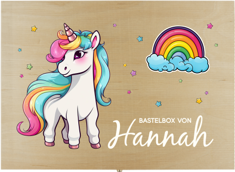 Bunte Bastelbox mit Namen, Einhorn und Regenbogen