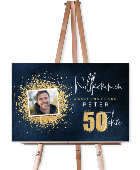 Willkommensschild mit Foto und Gold-Look