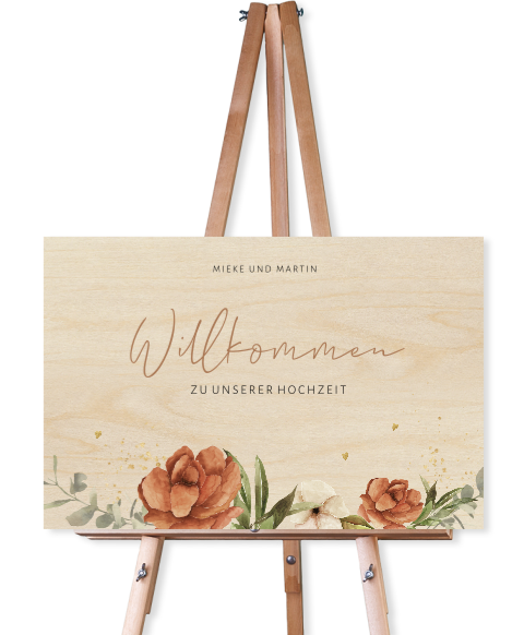 Willkommensschild Hochzeit Holz mit schicken Rosen