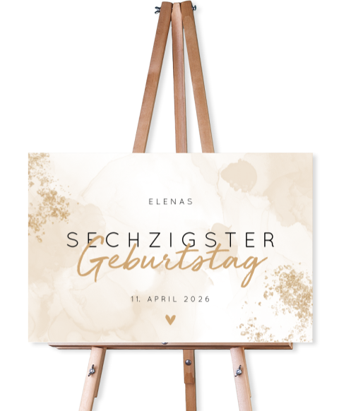 Willkommensschild zum 60 Geburtstag mit Aquarell und Goldflecken