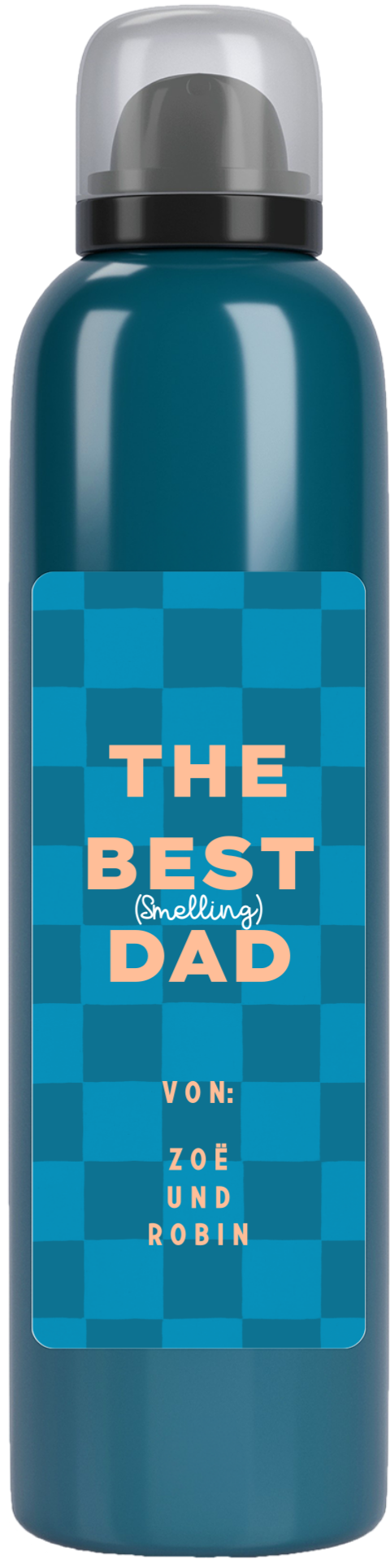 Duschgel "Best smelling dad" zum Vatertag mit orangener Schrift und blauem Karomuster