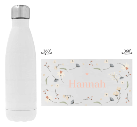 Trinkflasche aus Edelstahl mit bunten Wildblumen und Namen