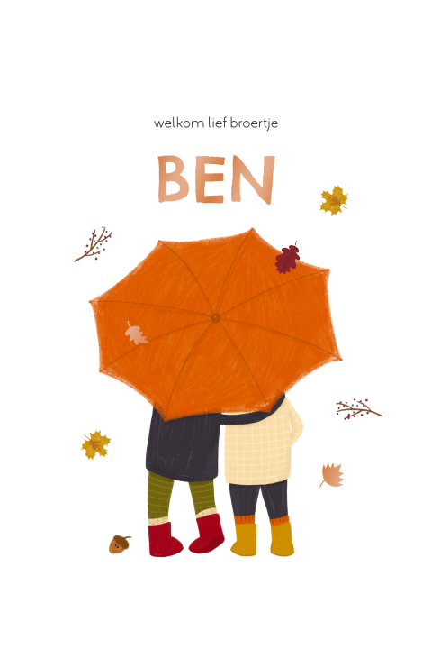 Geboortekaartje broertje zusje herfst blaadjes paraplu